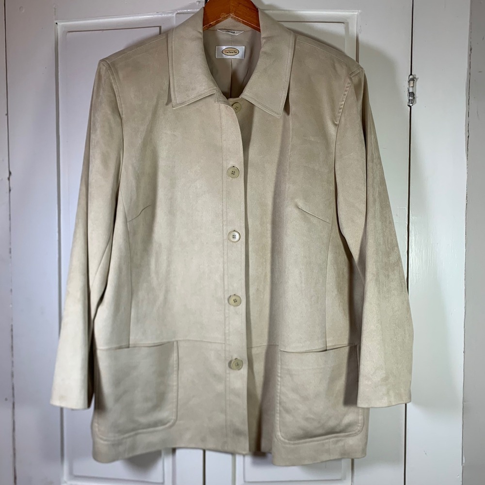 Talbots Womens Tan Faux Suede Stretch Blazer Button Front Jacket Beige XL READ